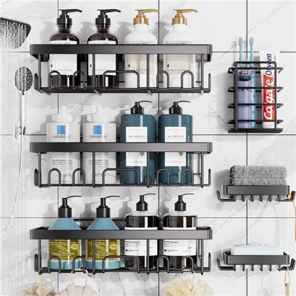 Adhesive Shower Caddy 6 Pack, Large Capacity Bathroom Organizers - Picture 2 of 7